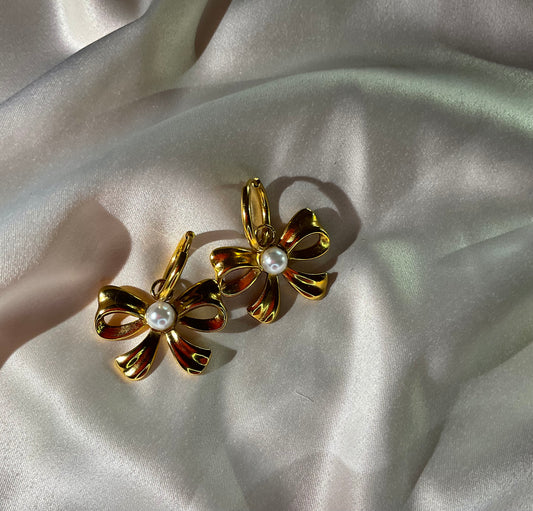 Orecchini Fiocco Con Perla Oro - gioiello stile coquette acciaio inossidabile