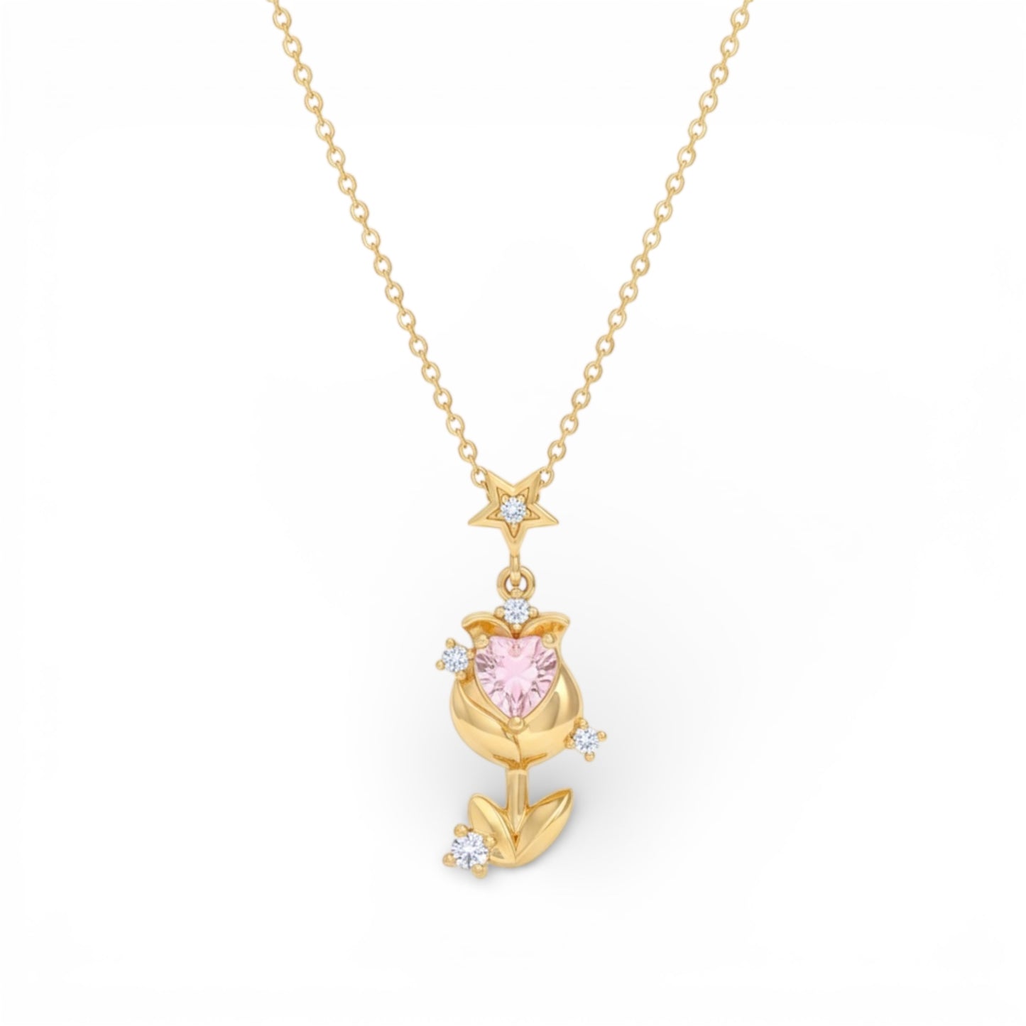 Collana Tulipano con Cuore Rosa - Acciaio Inossidabile