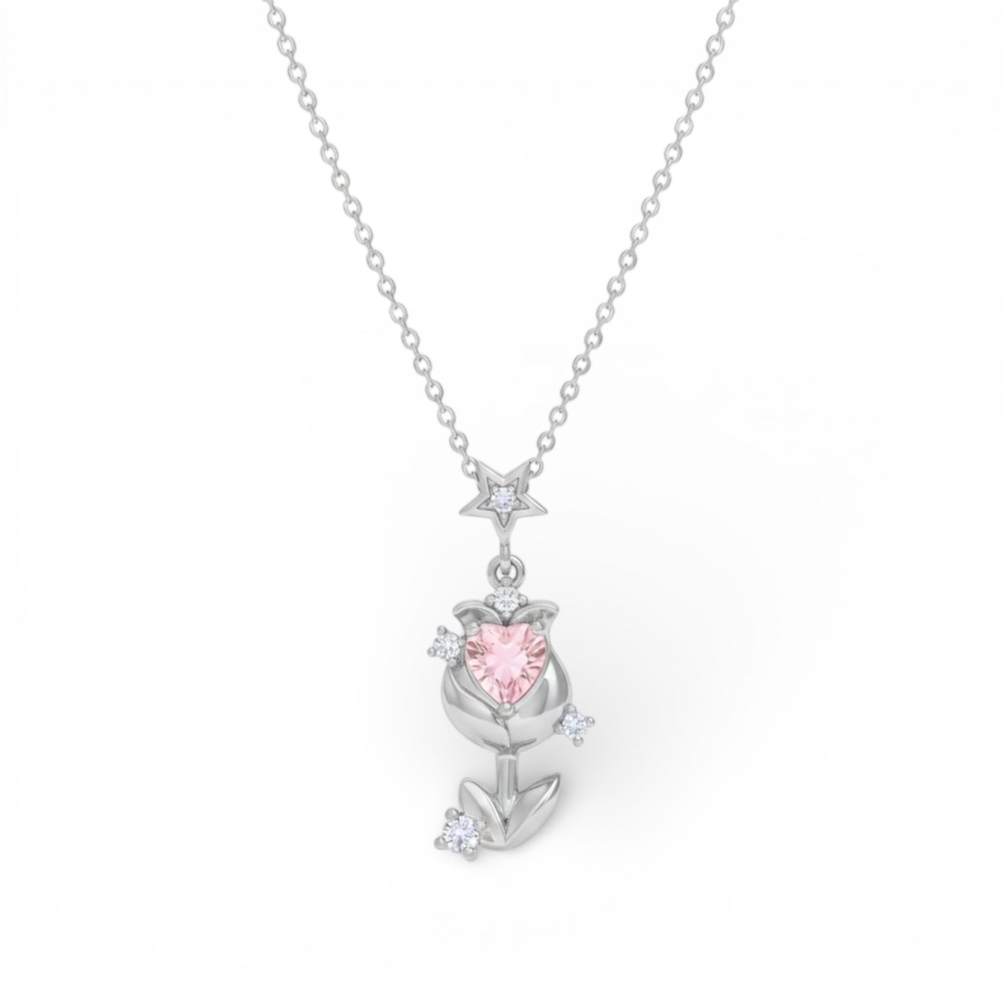 Collana Tulipano con Cuore Rosa - Acciaio Inossidabile