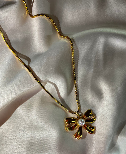 Collana Fiocco Con Perla Oro acciaio inossidabile